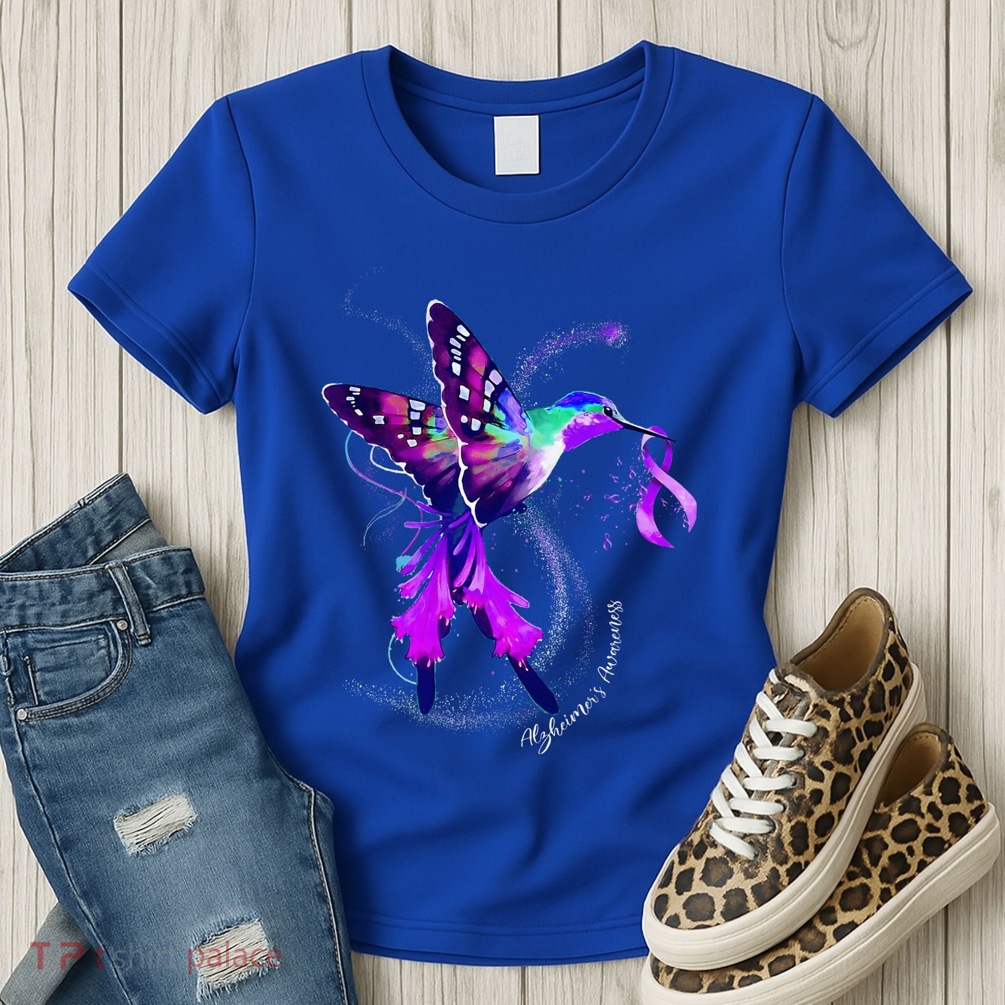 Hummingbird Holding Purple Ribbon AlzheimerS Women's T-Shirt