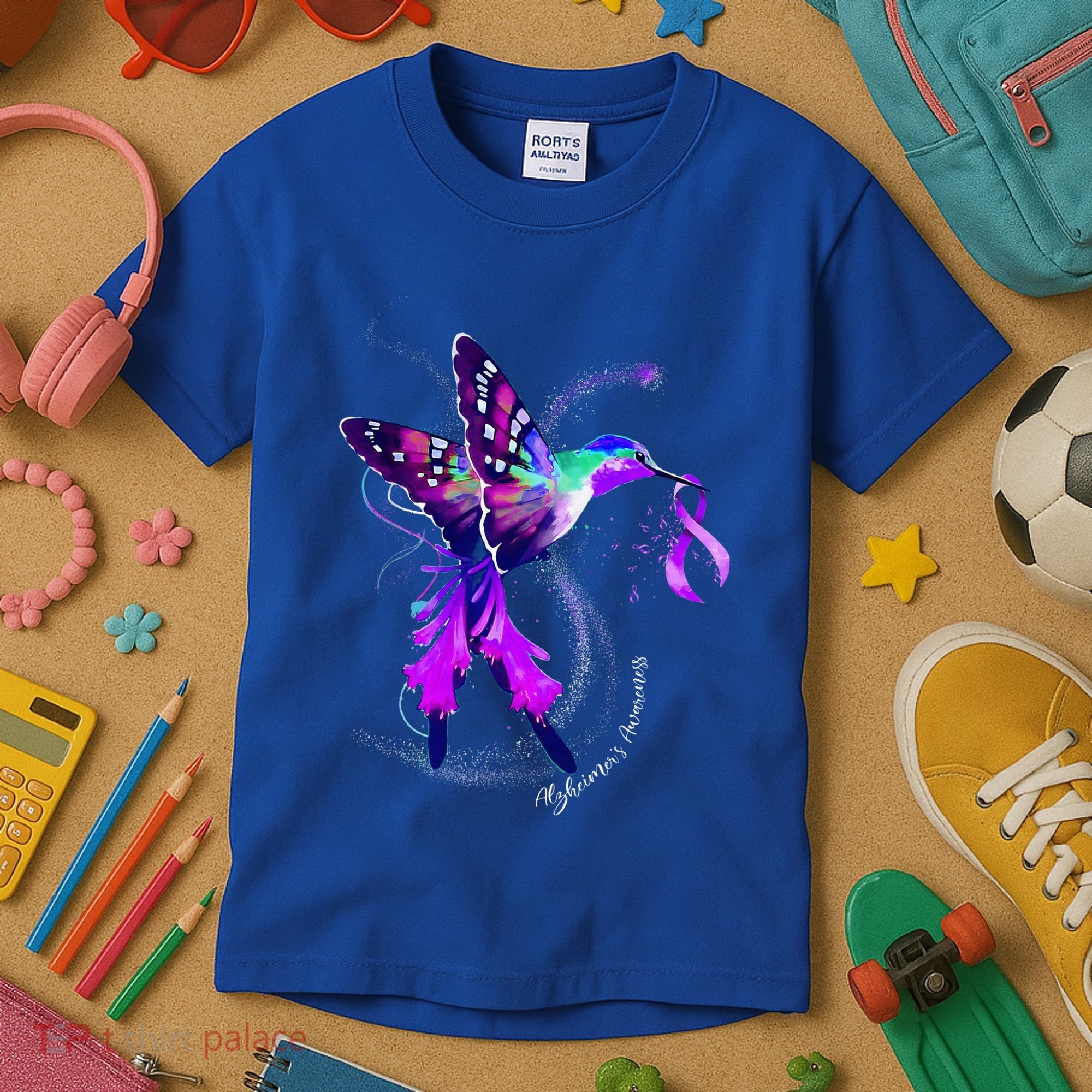Hummingbird Holding Purple Ribbon AlzheimerS Kids T-Shirt