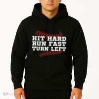 Hit Hard Run Fast Turn Left Funny Baseball Player & Fan Hoodie thumb 2