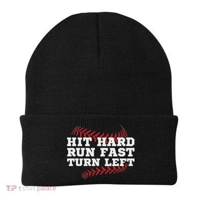 Hit Hard Run Fast Turn Left Funny Baseball Player & Fan Beanie