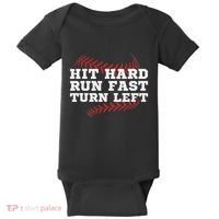 Hit Hard Run Fast Turn Left Funny Baseball Player & Fan Baby Bodysuit thumb 0