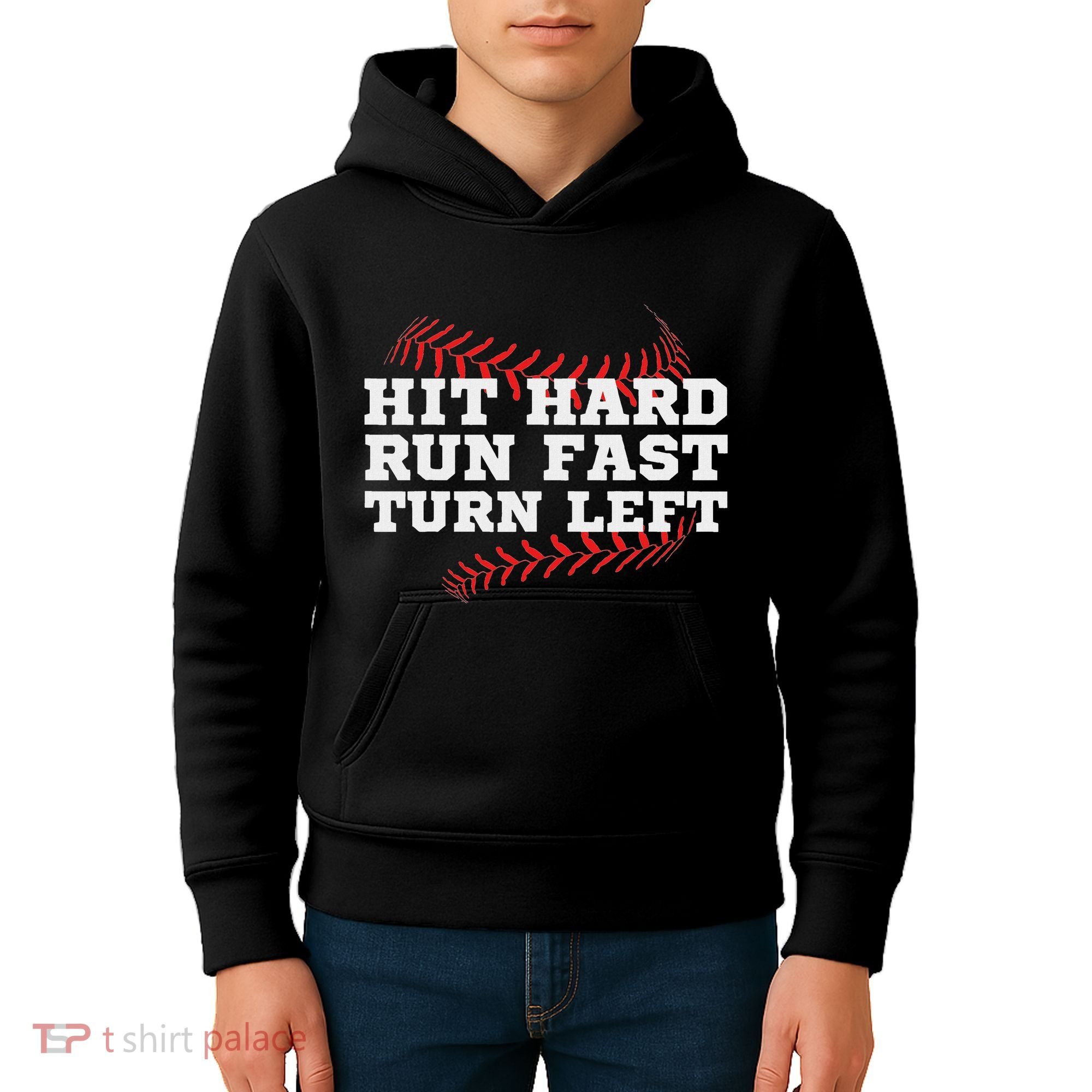Hit Hard Run Fast Turn Left Funny Baseball Player & Fan Kids Hoodie