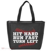 Hit Hard Run Fast Turn Left Funny Baseball Player & Fan Tote Bag thumb 0
