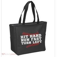 Hit Hard Run Fast Turn Left Funny Baseball Player & Fan Tote Bag thumb 2