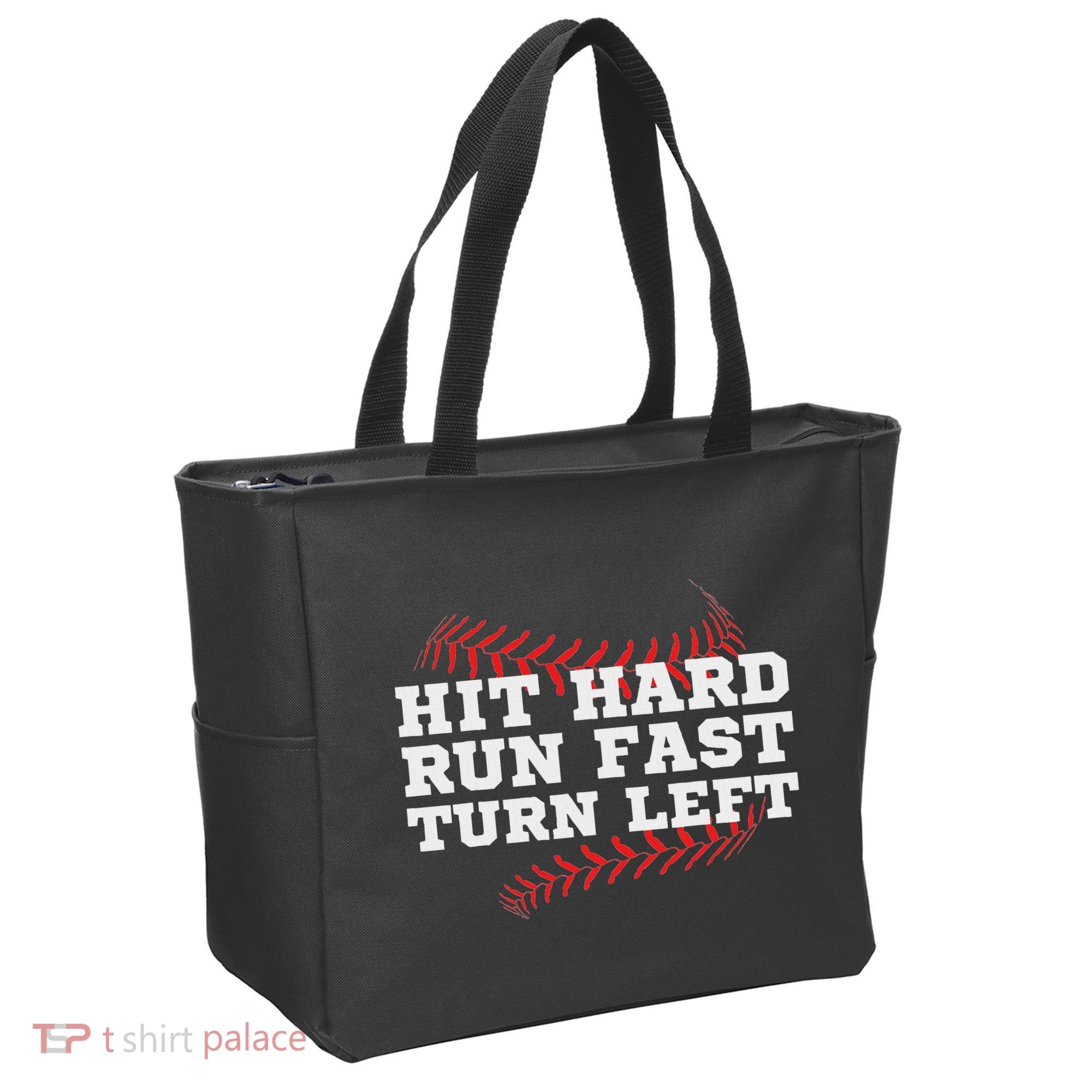 Hit Hard Run Fast Turn Left Funny Baseball Player & Fan Tote Bag