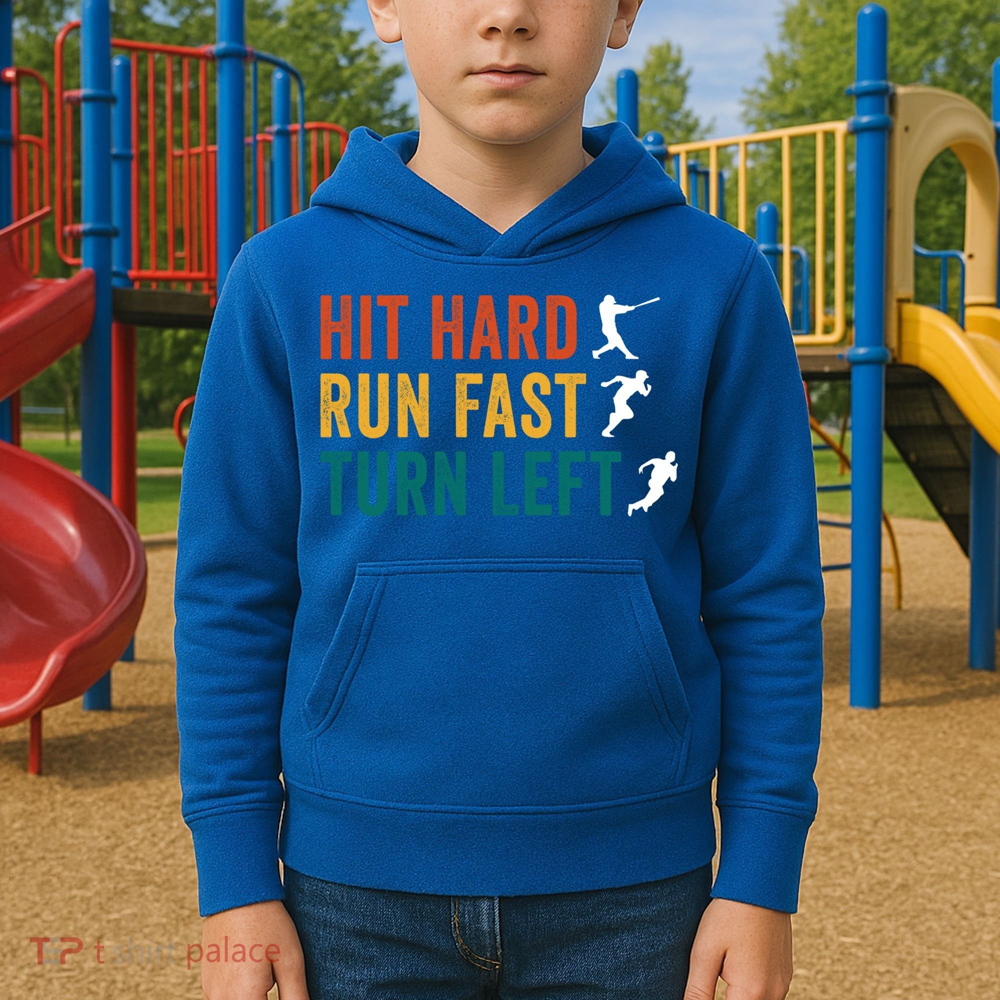 Hit Hard Run Fast Turn Left Funny Baseball Player And Fan Cool Gift Kids Hoodie