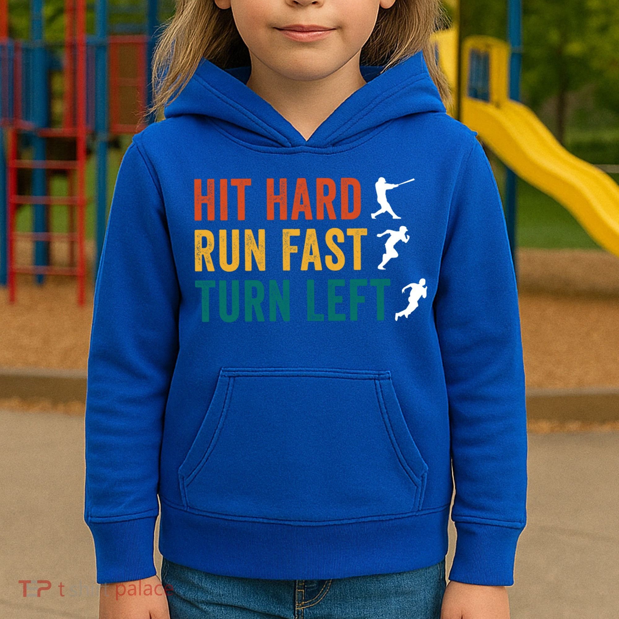 Hit Hard Run Fast Turn Left Funny Baseball Player And Fan Cool Gift Kids Hoodie