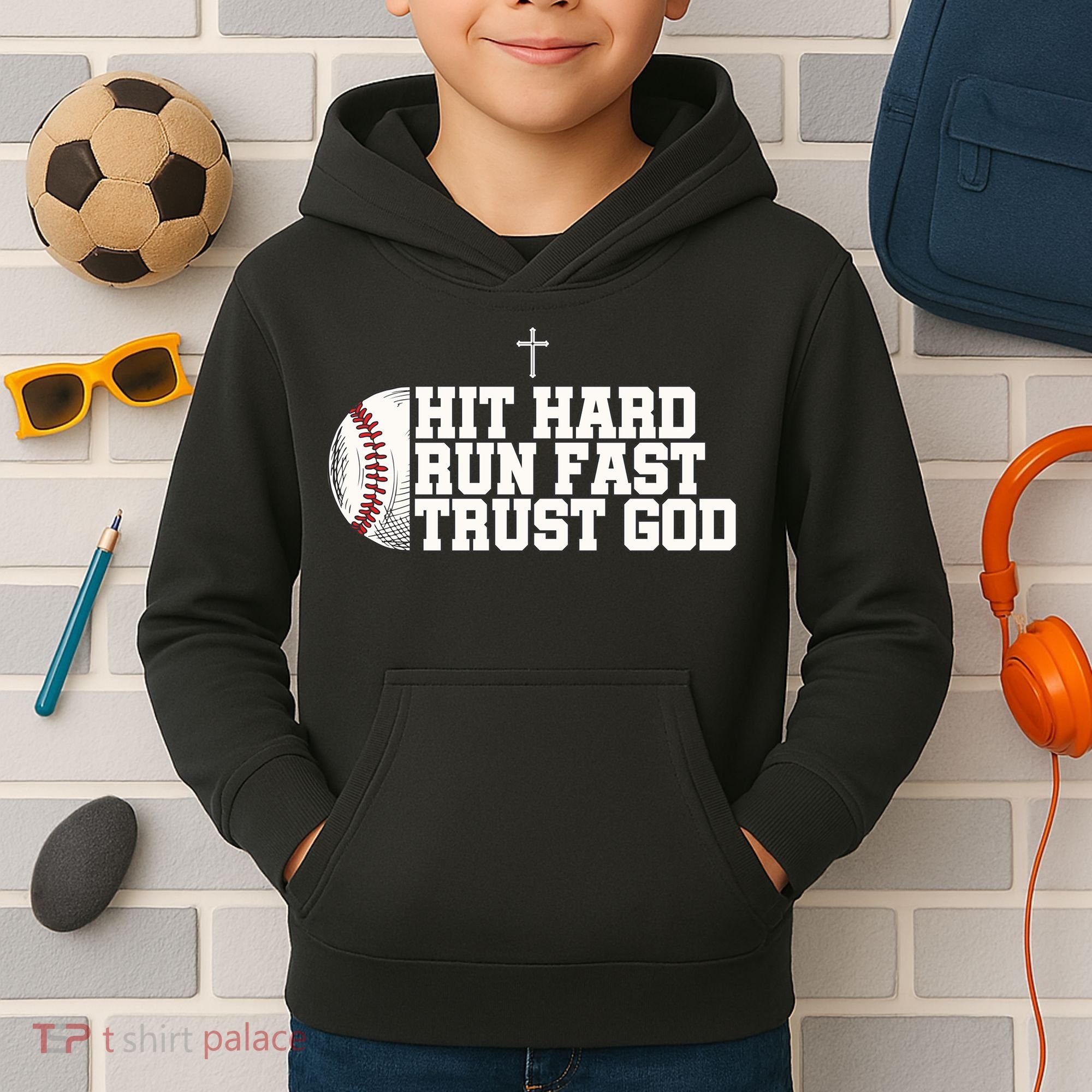 Hit Hard Run Fast Trust God Kids Hoodie
