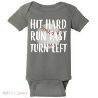 Hit Hard Run Fast Turn Left Baseball Baby Bodysuit thumb 0
