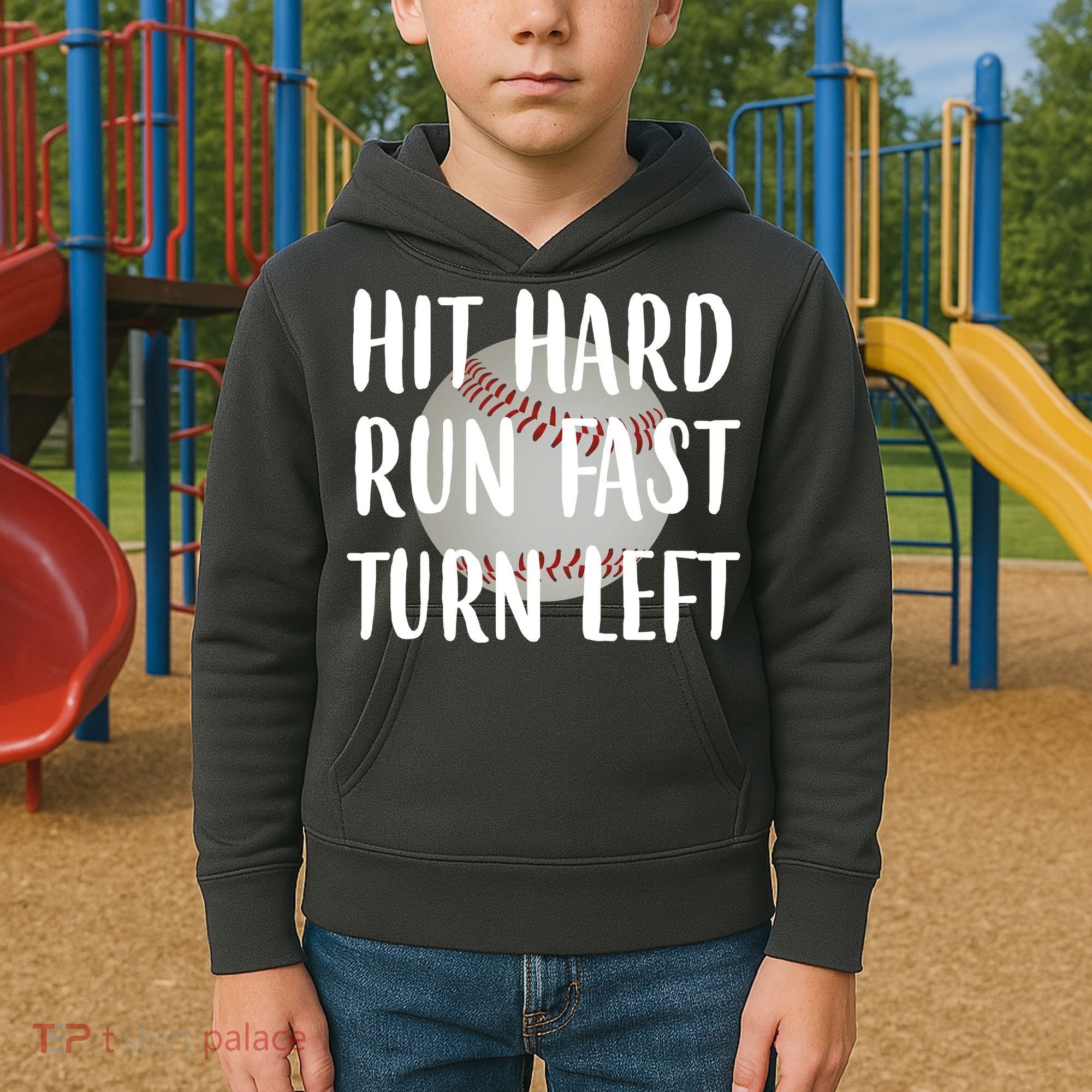 Hit Hard Run Fast Turn Left Baseball Kids Hoodie
