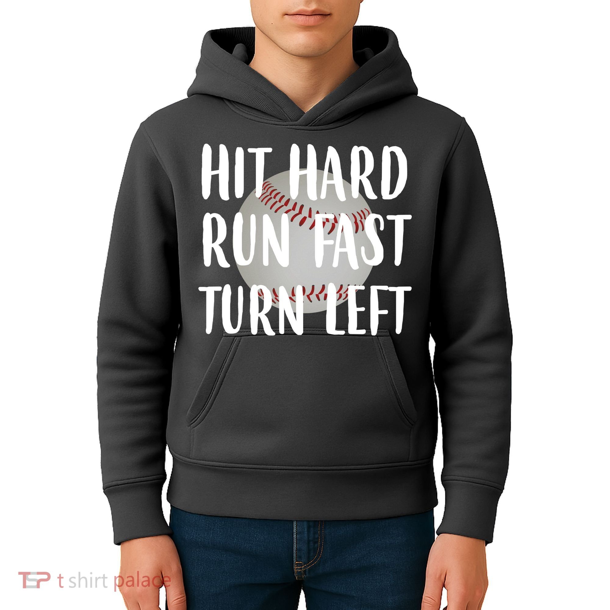Hit Hard Run Fast Turn Left Baseball Kids Hoodie