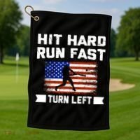 Hit Hard Run Fast Turn Left Baseball Gift Golf Towel thumb 1