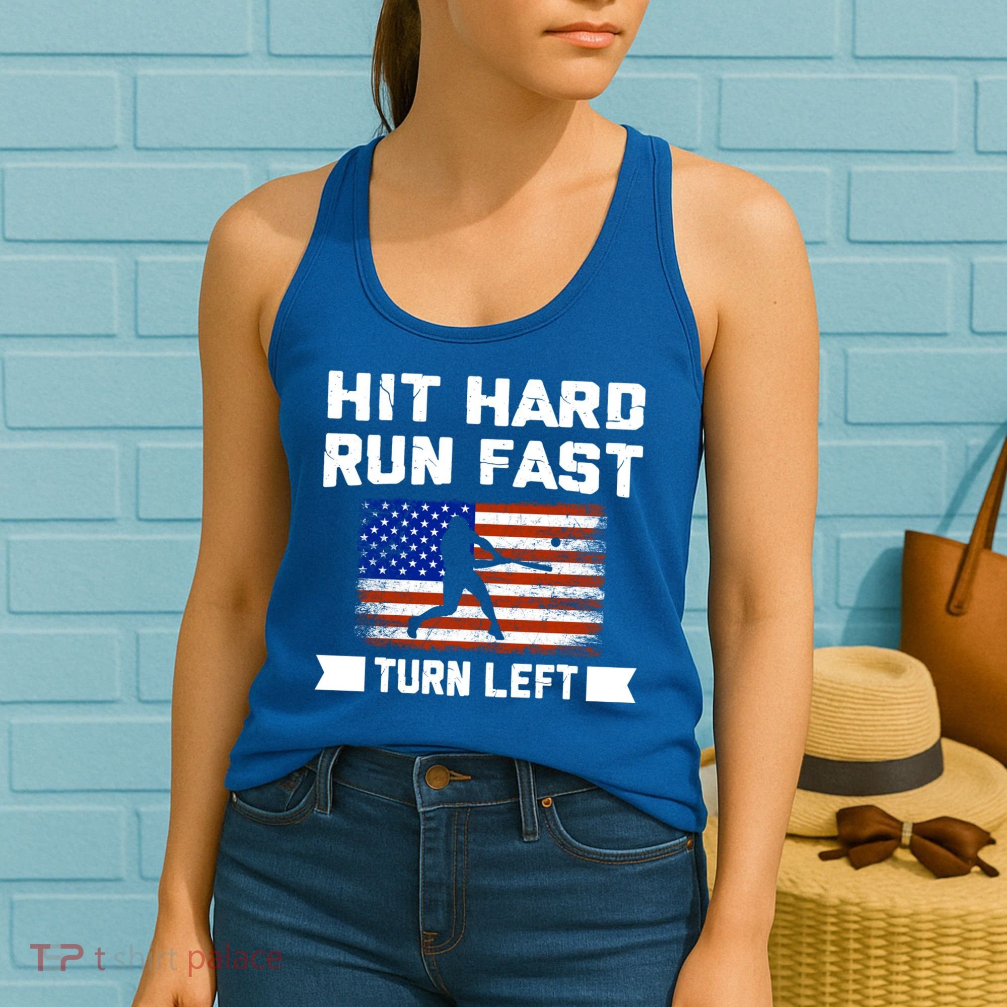 Hit Hard Run Fast Turn Left Baseball Gift Women's Tank Top