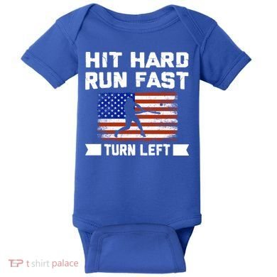 Hit Hard Run Fast Turn Left Baseball Gift Baby Bodysuit