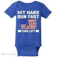 Hit Hard Run Fast Turn Left Baseball Gift Baby Bodysuit thumb 0