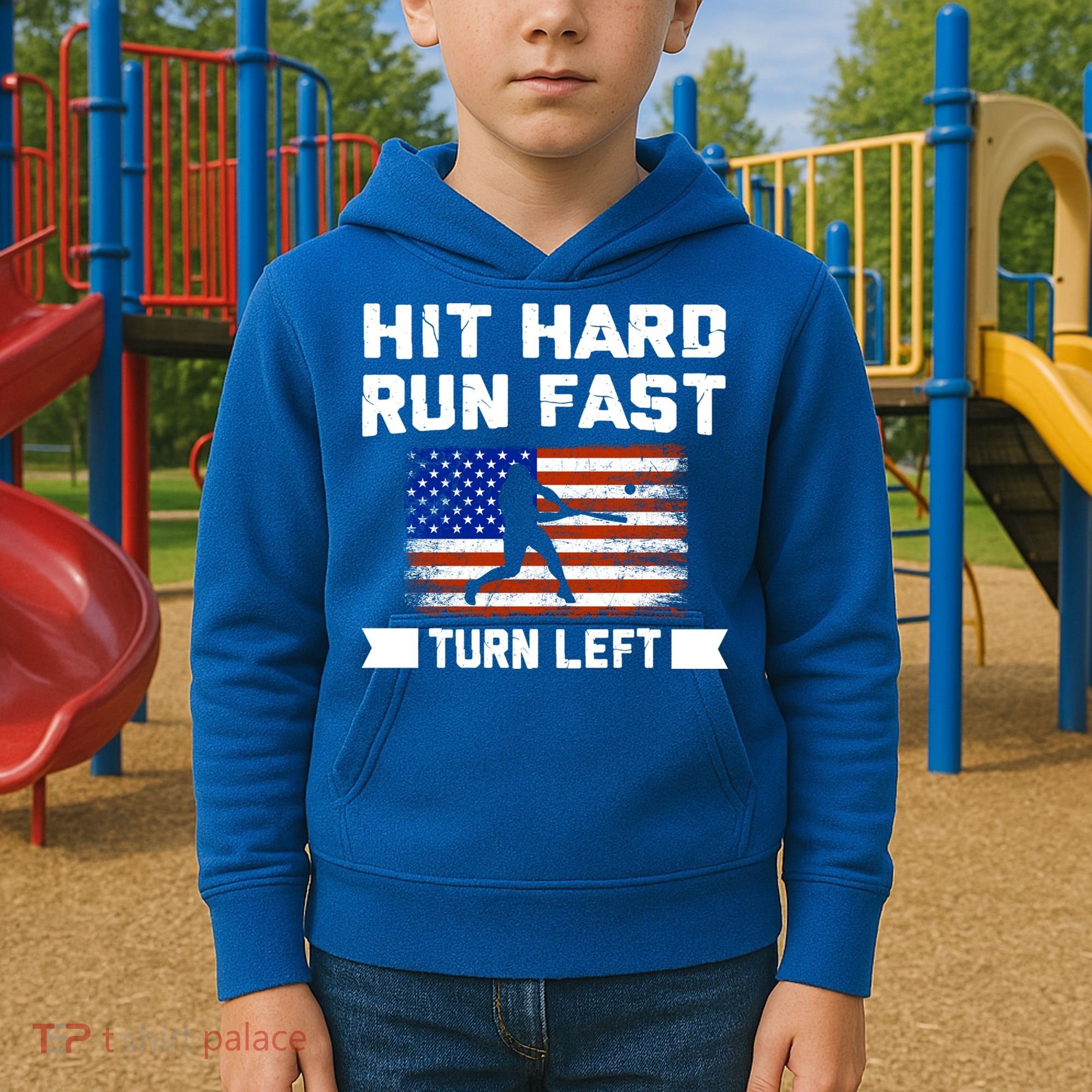 Hit Hard Run Fast Turn Left Baseball Gift Kids Hoodie