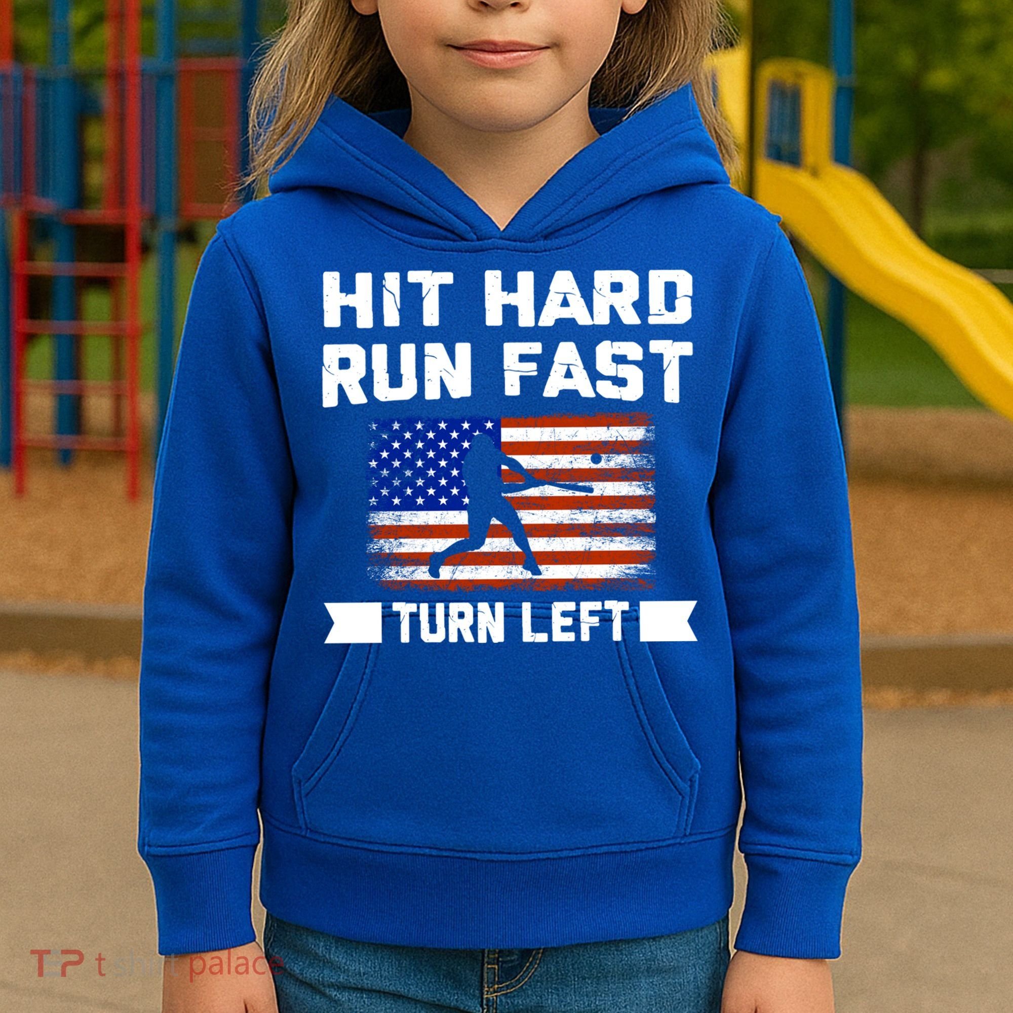 Hit Hard Run Fast Turn Left Baseball Gift Kids Hoodie