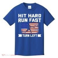 Hit Hard Run Fast Turn Left Baseball Gift Kids T-Shirt thumb 0