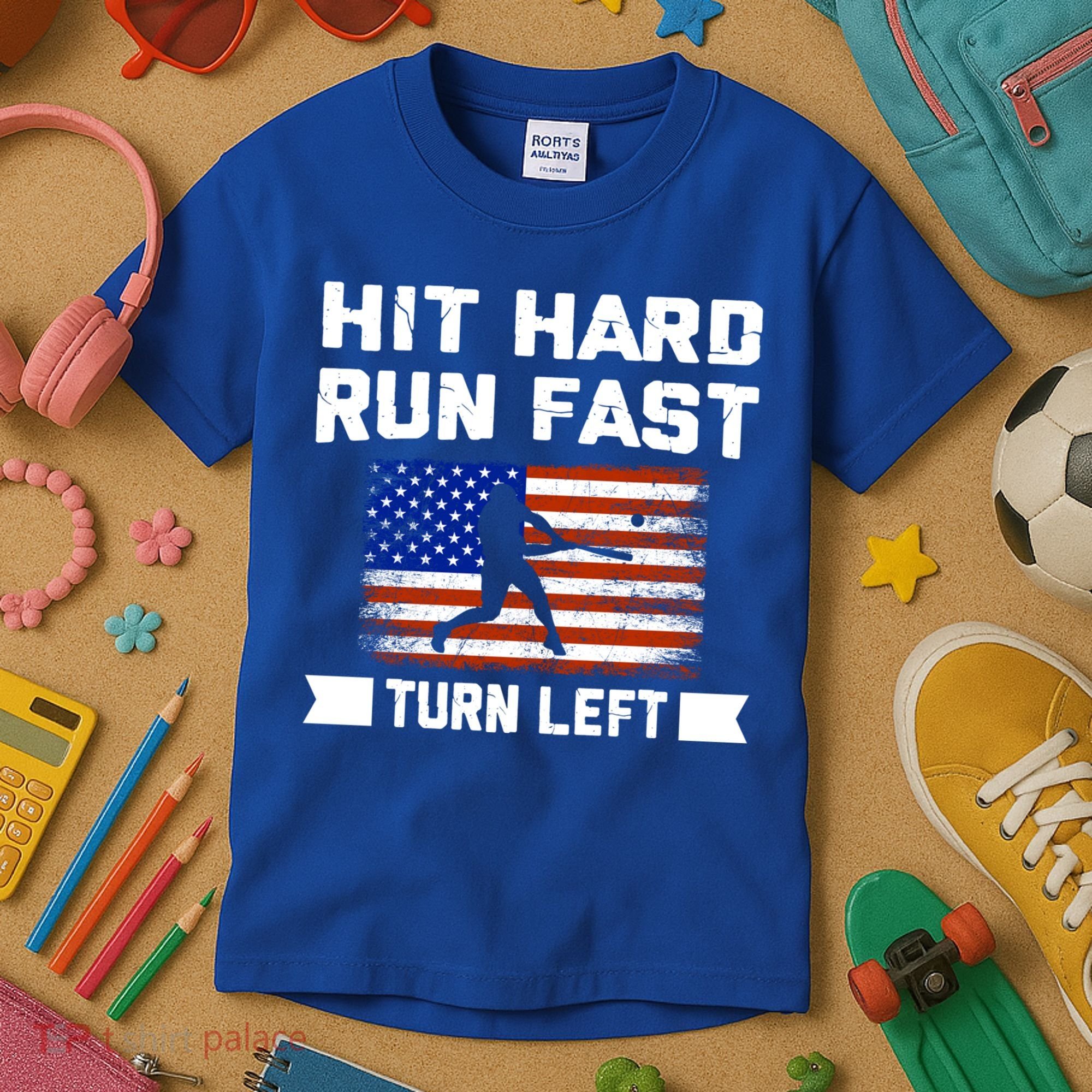 Hit Hard Run Fast Turn Left Baseball Gift Kids T-Shirt