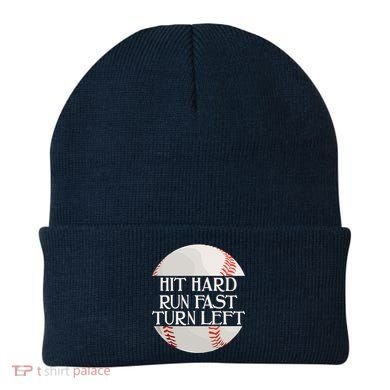Hit Hard Run Fast Turn Left Funny Baseball Beanie