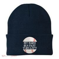 Hit Hard Run Fast Turn Left Funny Baseball Beanie thumb 0
