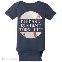 Hit Hard Run Fast Turn Left Funny Baseball Baby Bodysuit thumb 0