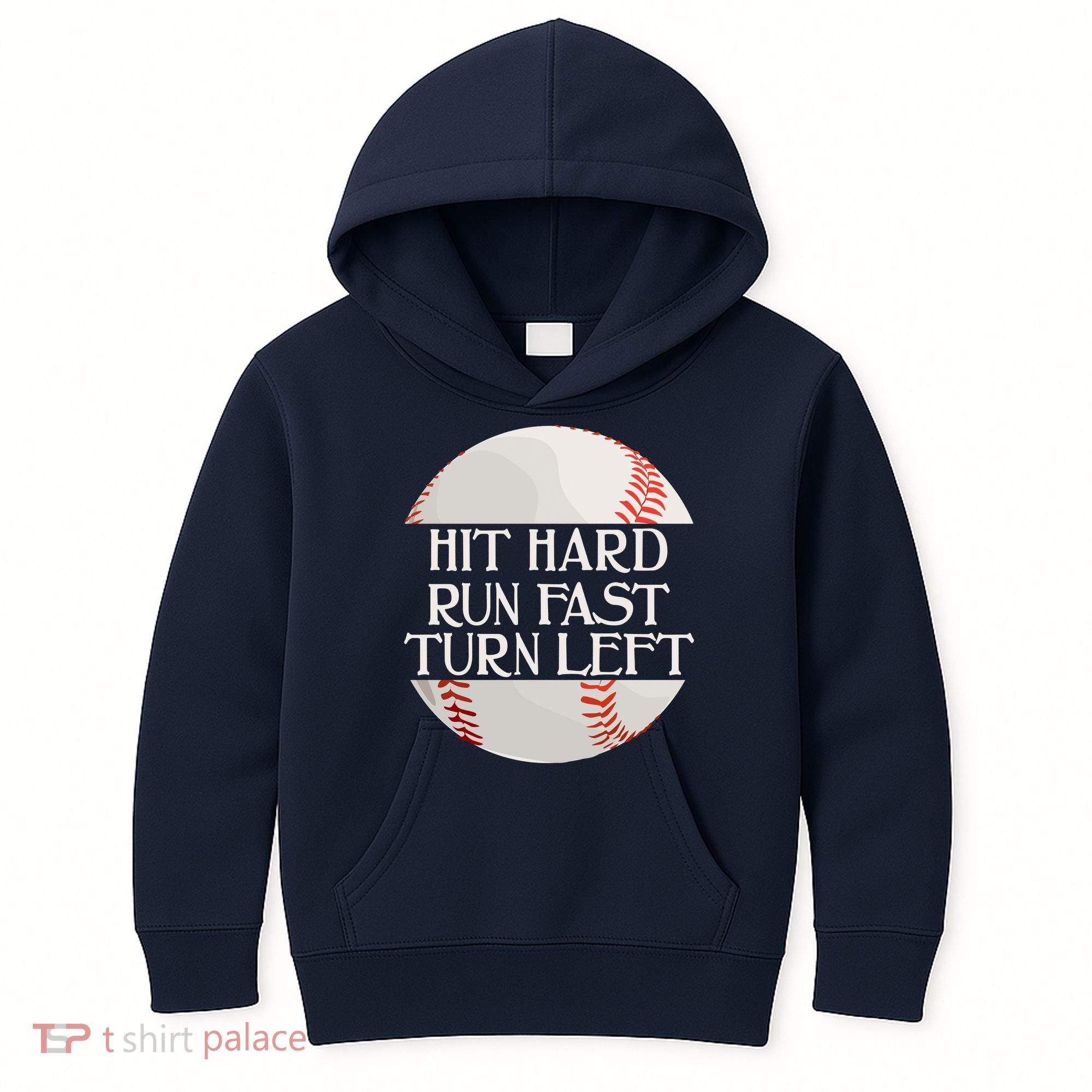 Hit Hard Run Fast Turn Left Funny Baseball Kids Hoodie