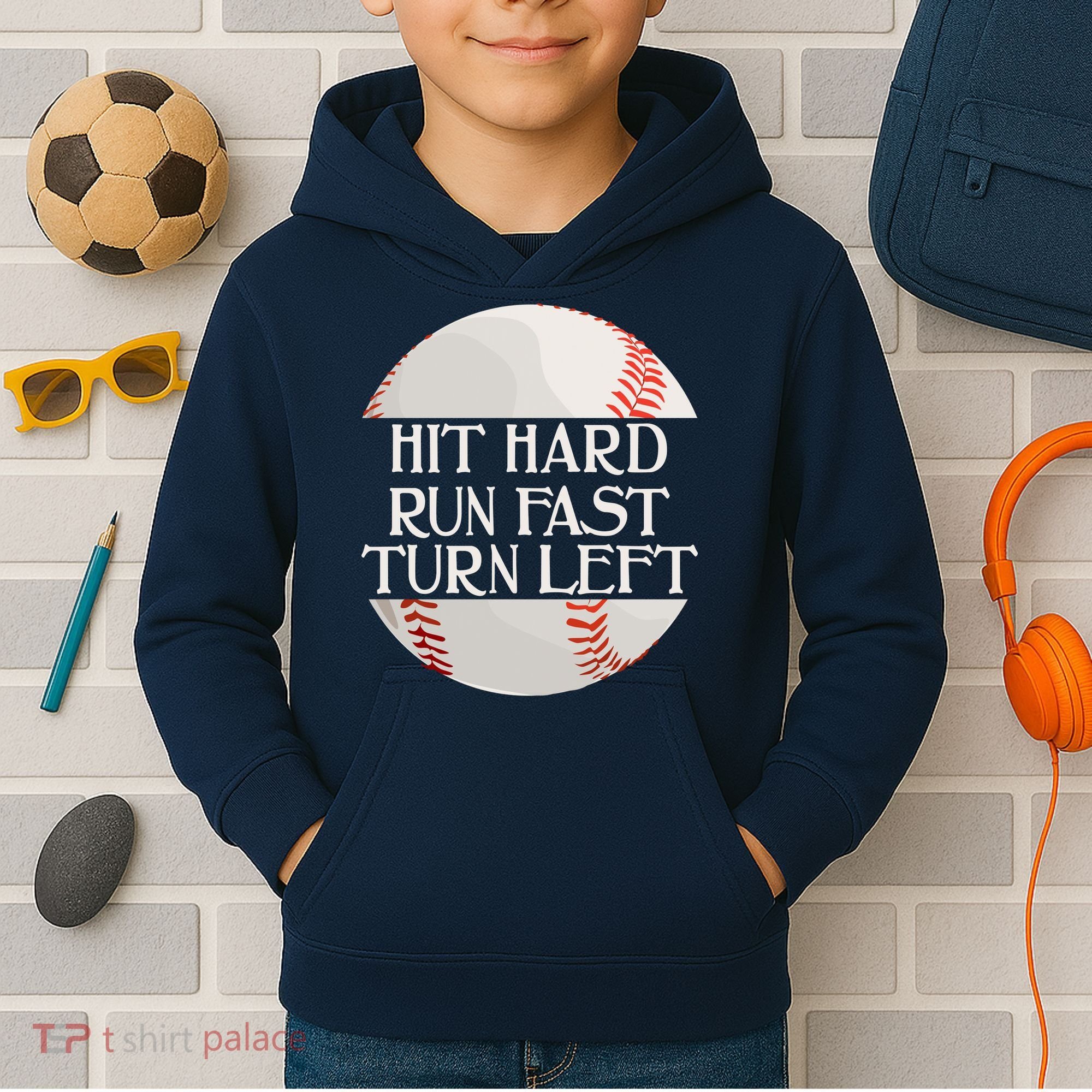 Hit Hard Run Fast Turn Left Funny Baseball Kids Hoodie