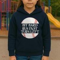 Hit Hard Run Fast Turn Left Funny Baseball Kids Hoodie thumb 3