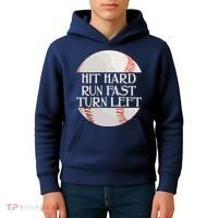 Hit Hard Run Fast Turn Left Funny Baseball Kids Hoodie thumb 4