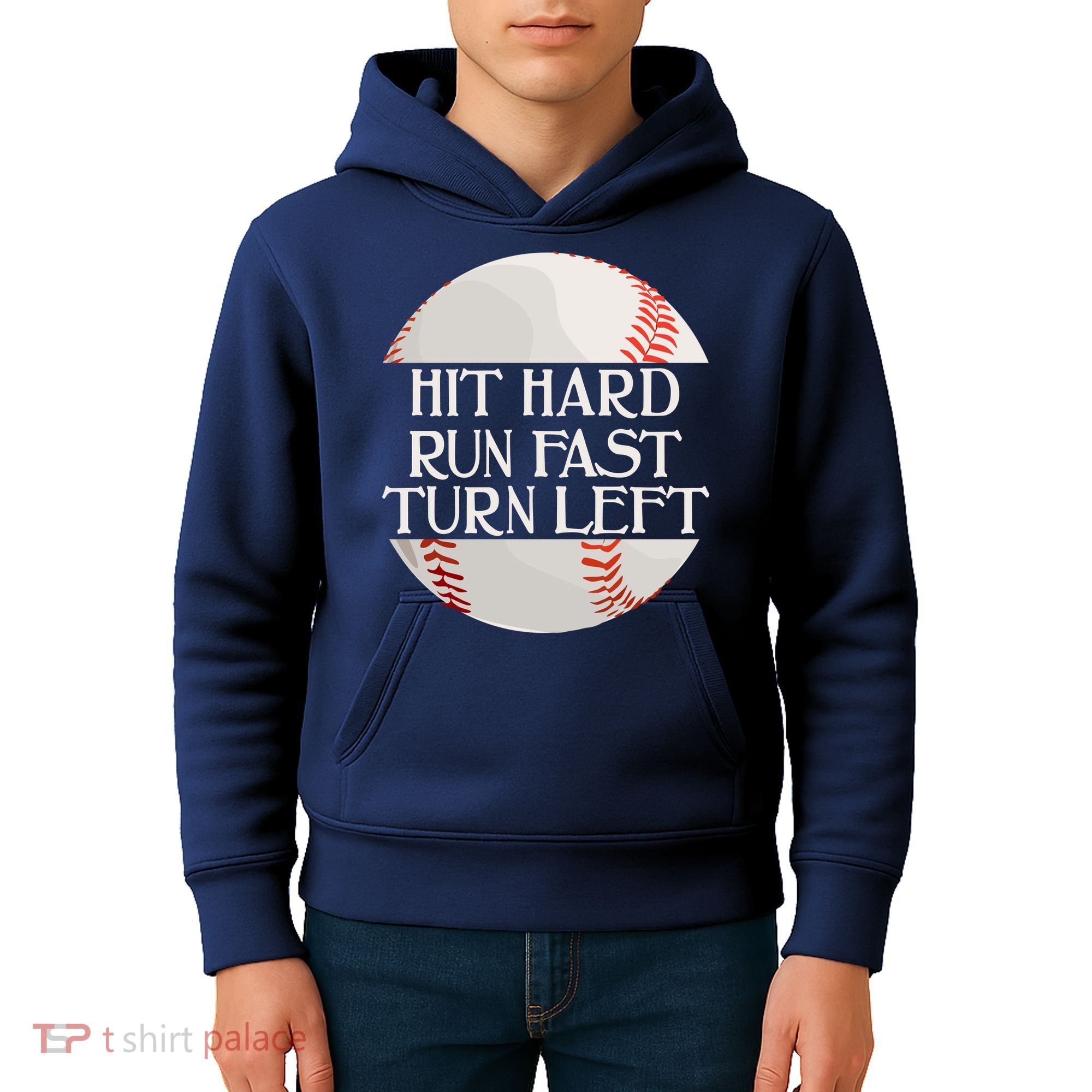 Hit Hard Run Fast Turn Left Funny Baseball Kids Hoodie