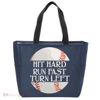Hit Hard Run Fast Turn Left Funny Baseball Tote Bag thumb 0