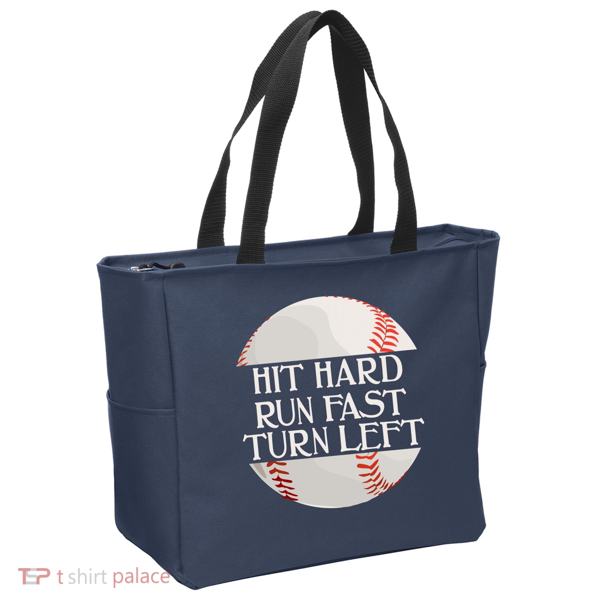 Hit Hard Run Fast Turn Left Funny Baseball Tote Bag
