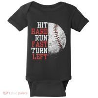 Hit Hard Run Fast Turn Left Funny Baseball Player Fan Funny Baby Bodysuit thumb 0