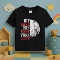 Hit Hard Run Fast Turn Left Funny Baseball Player Fan Funny Toddler T-Shirt thumb 3
