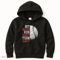 Hit Hard Run Fast Turn Left Funny Baseball Player Fan Funny Kids Hoodie thumb 0