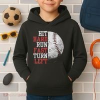 Hit Hard Run Fast Turn Left Funny Baseball Player Fan Funny Kids Hoodie thumb 2