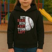 Hit Hard Run Fast Turn Left Funny Baseball Player Fan Funny Kids Hoodie thumb 3