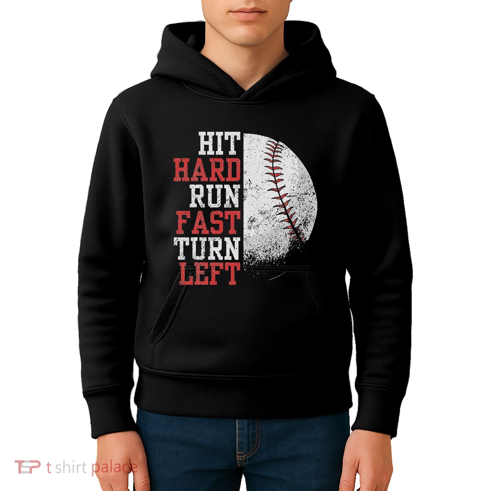 Hit Hard Run Fast Turn Left Funny Baseball Player Fan Funny Kids Hoodie