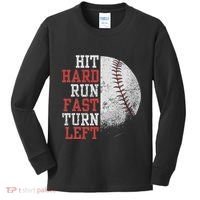 Hit Hard Run Fast Turn Left Funny Baseball Player Fan Funny Kids Long Sleeve Shirt thumb 0