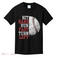 Hit Hard Run Fast Turn Left Funny Baseball Player Fan Funny Kids T-Shirt thumb 0