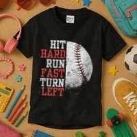 Hit Hard Run Fast Turn Left Funny Baseball Player Fan Funny Kids T-Shirt thumb 3