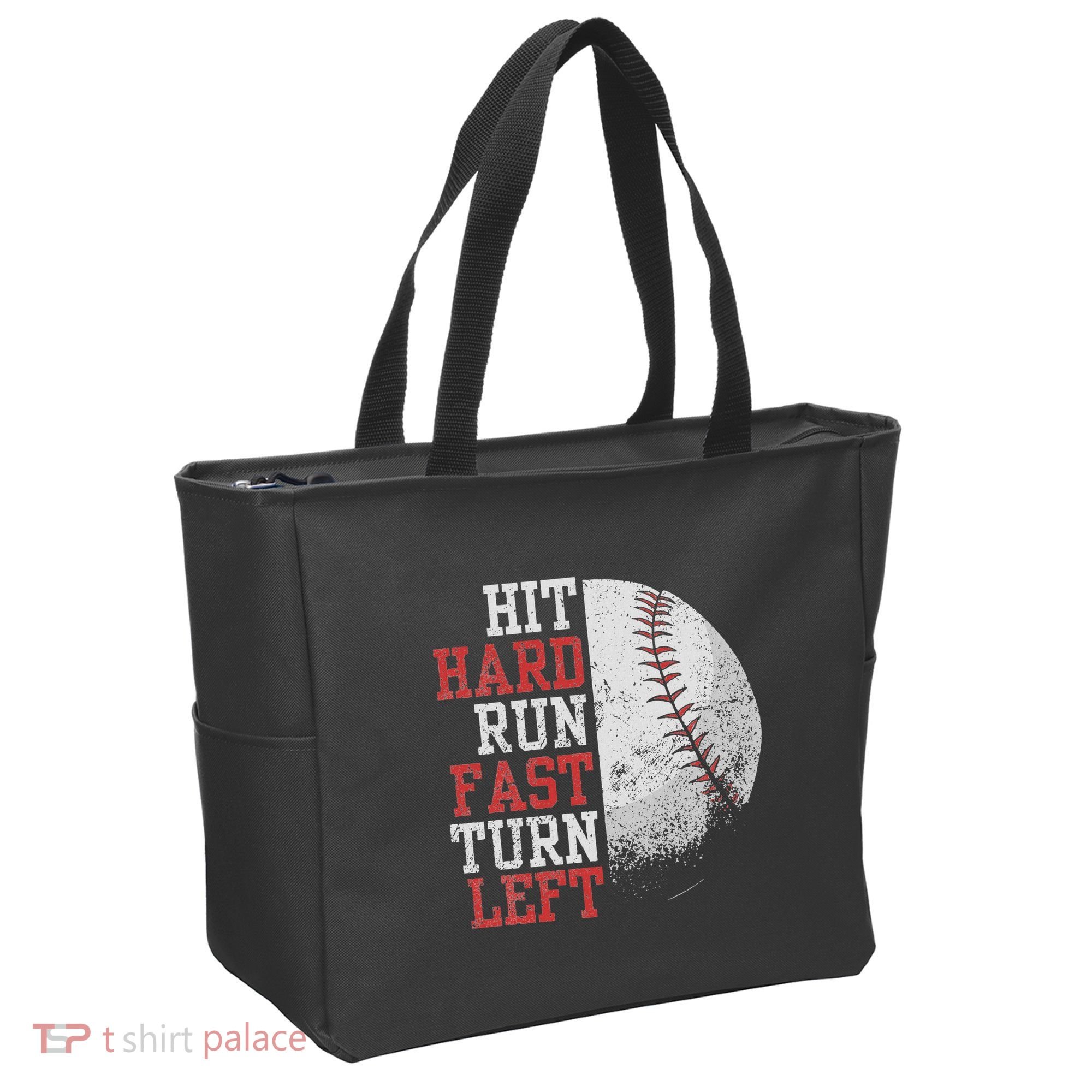 Hit Hard Run Fast Turn Left Funny Baseball Player Fan Funny Tote Bag