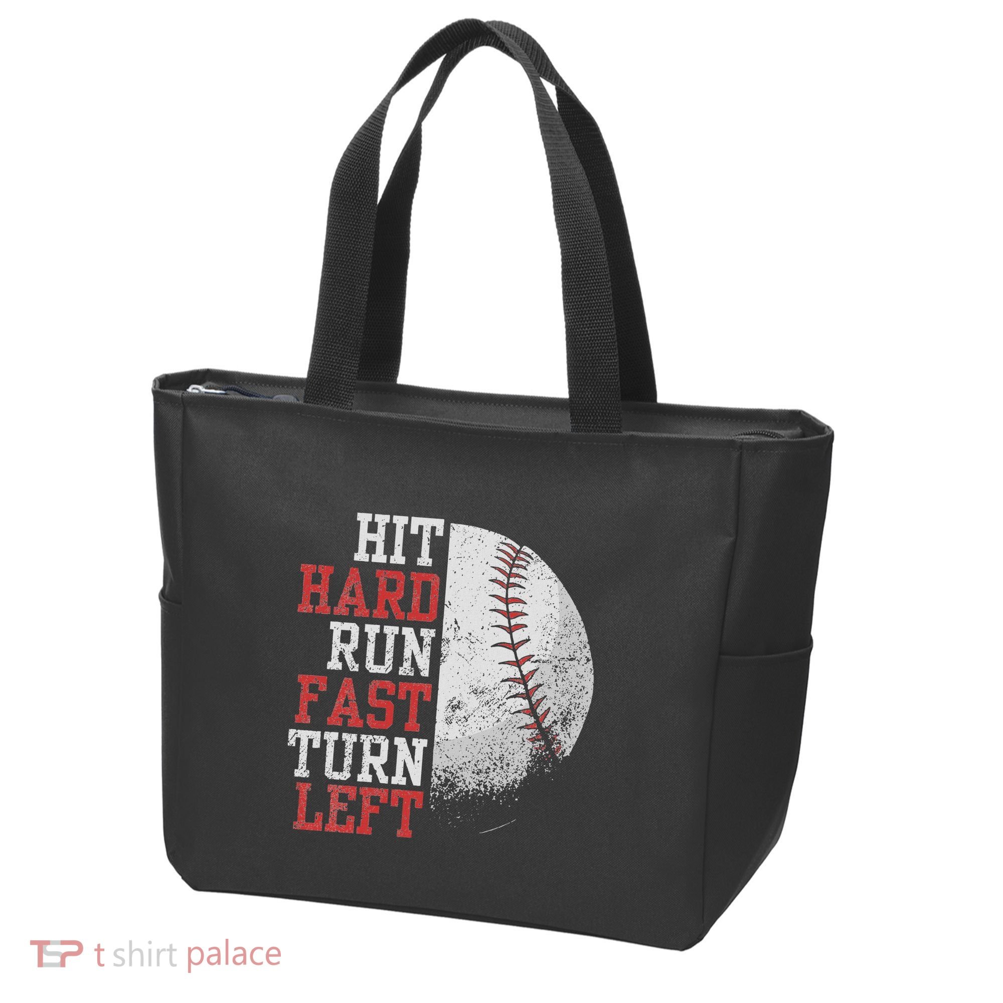 Hit Hard Run Fast Turn Left Funny Baseball Player Fan Funny Tote Bag