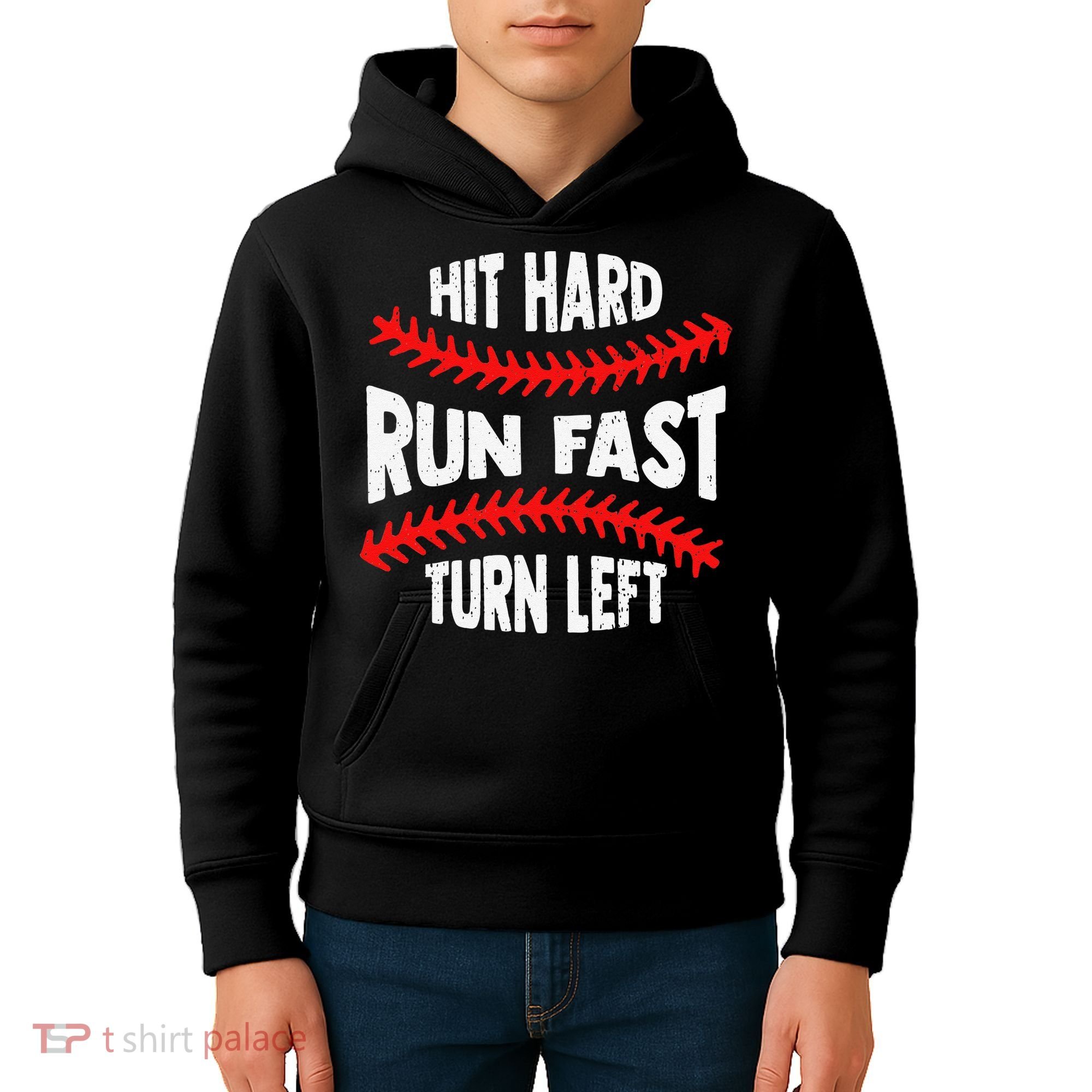 Hit Hard Run Fast Turn Left For A Baseball Player Kids Hoodie