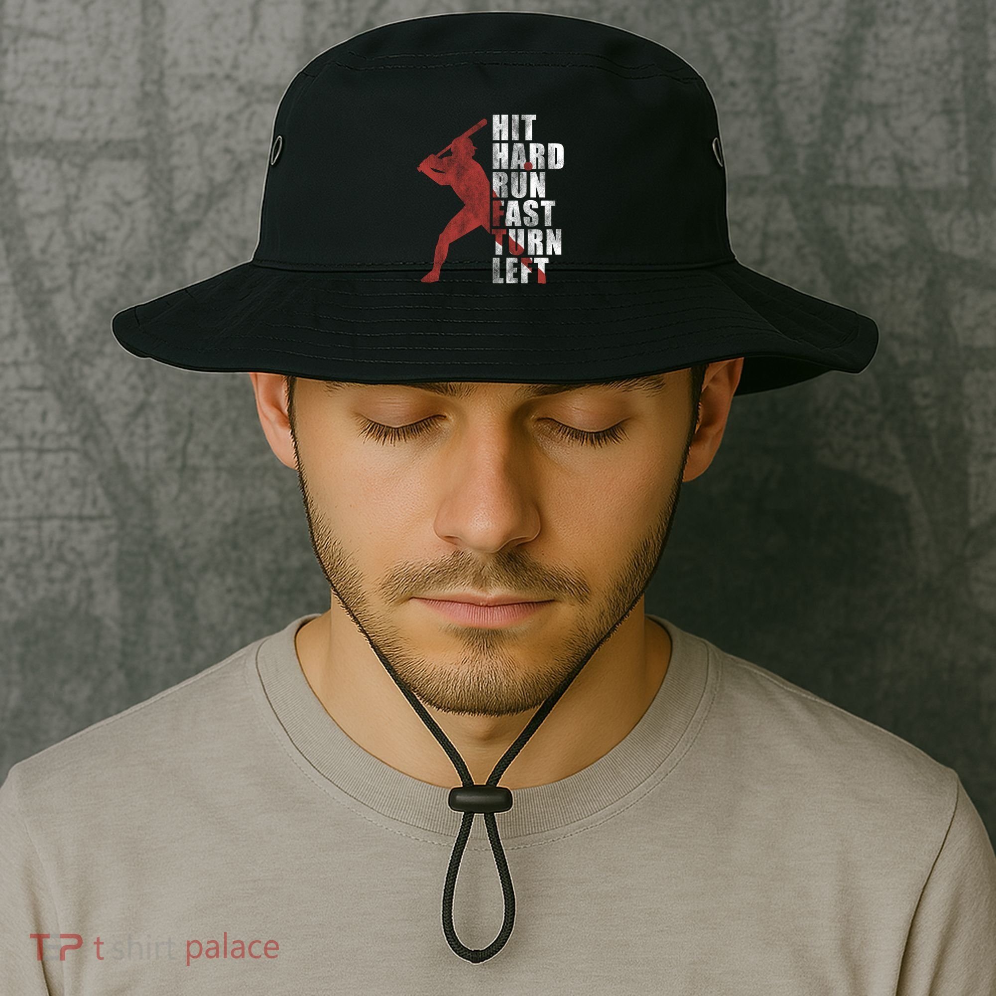 Hit Hard Run Fast Turn Left Funny Baseball Player Cute Gift Bucket Hat