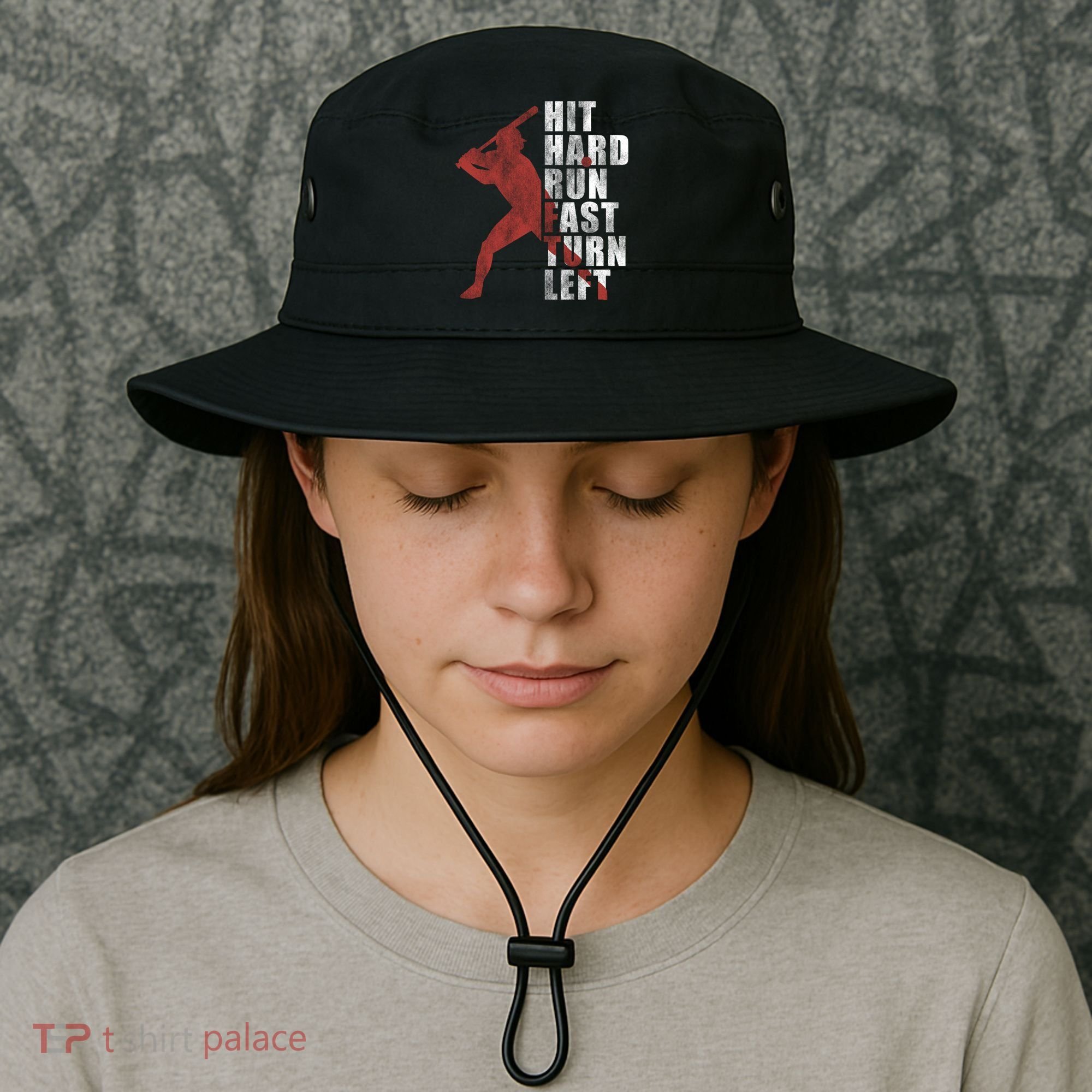 Hit Hard Run Fast Turn Left Funny Baseball Player Cute Gift Bucket Hat