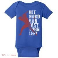 Hit Hard Run Fast Turn Left Funny Baseball Player Cute Gift Baby Bodysuit thumb 0