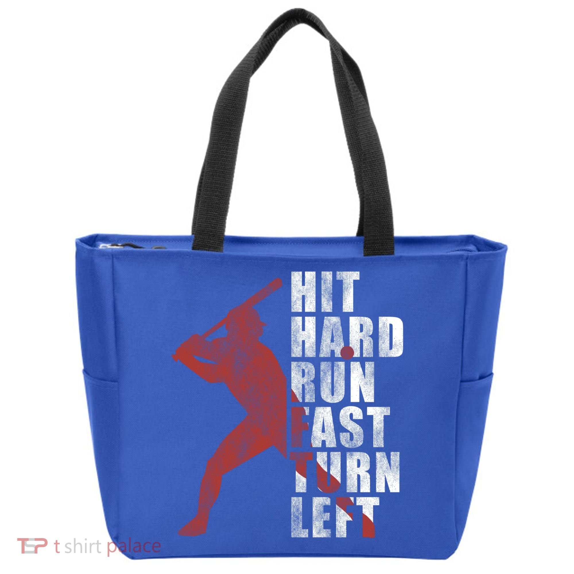 Hit Hard Run Fast Turn Left Funny Baseball Player Cute Gift Tote Bag