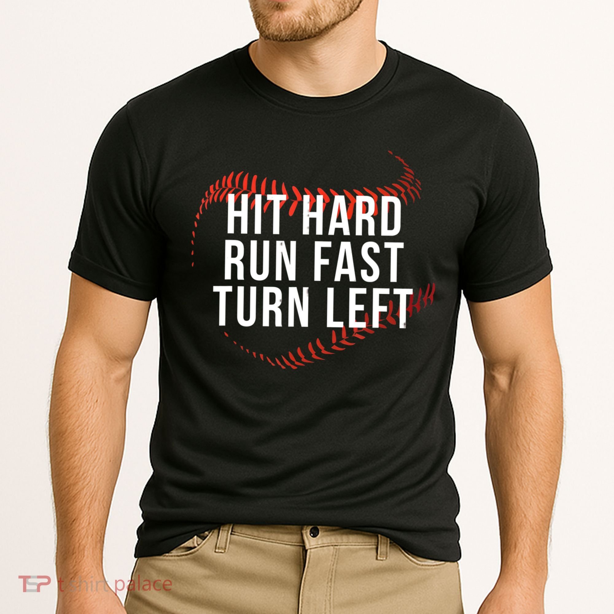 Hit Hard Run Fast Turn Left Funny Baseball Cooling Performance Crew T-Shirt